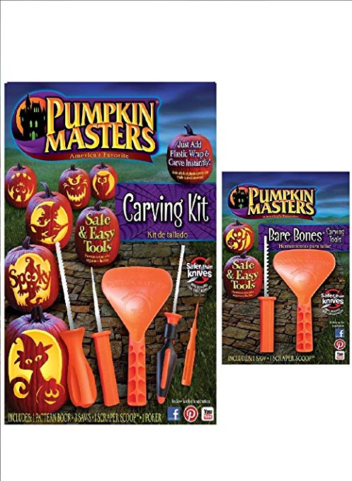 Pumpkin Masters America's Favorite Pumpkin Carving Kit Bundle - 12 Patterns, 4 Saws, 2 Scraper Scoops, 1 Poker - Create that Perfect Pumpkin with the Kids!!! Safer Than Knives!!