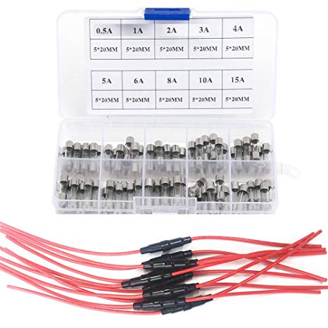 Qiorange 5x20mm AGC Fuse Holder Inline Screw Type with 16 AWG wire  100Pcs 5x20mm Fast-blow Glass Fuses Quick Blow Car Glass Tube Fuses Assorted Kit Amp (5x 20mm Fuse Holder)