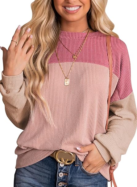 Dokotoo Womens Fashion 2024 Color Block Long Sleeve Crewneck Knitted Casual Loose Pullover Shirts Tops