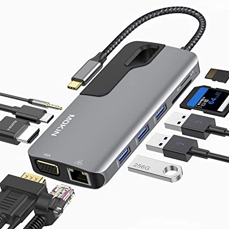 Adapter for MacBook Pro USB C Hub, MacBook Thunderbolt 3 Adapter, MOKiN 10-in-1 USB C Dongle with Gigabit Ethernet,USB C to HDMI VGA Adapter,100W Power Delivery,3 USB 3.0,SD TF Card Reader