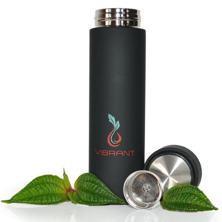 VIBRANT ALL IN ONE Travel Mug - TEA INFUSER Bottle - Insulated HOT COFFEE THERMOS - Cold FRUIT INFUSED Water - Food grade LEAK PROOF Tumbler Double wall Flask Stainless Steel 17oz