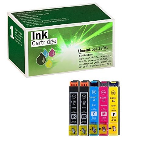 Limeink 5 Pack Remanufactured 220XL 220 XL Ink Cartridges 2 Black 1 Cyan 1 Magenta 1 Yellow Color Set Use for Epson Expression XP-320 420 424 WorkForce WF-2630 WF-2650 WF-2660 Series Printers