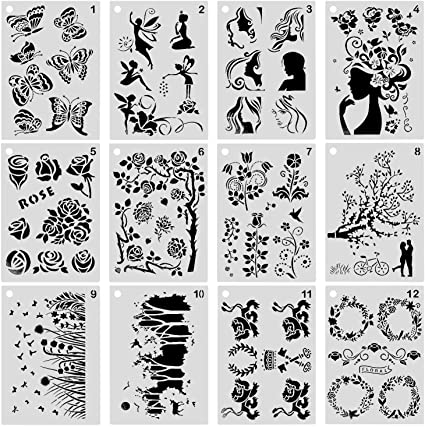 12-Pack Female Floral Flower Stencils 8x11 Inch Painting Drawing Templates for Scrapbooking Cookie Furniture Wood Decor Craft DIY Art Supplies