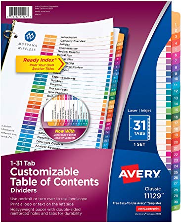 Avery 31-Tab Dividers for a 3 Ring Binders, Customizable Table of Contents, Multicolor Tabs, 1 Set (11129)