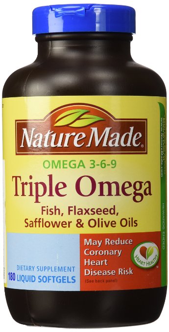 Nature Made Triple Omega 3 6 9 - Fish, Flaxseed, Safflower & Olive Oils - 180 Softgels