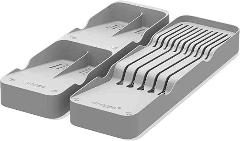 Kitchen Drawer Silverware Organizer Tray and Knive Block Set of 2 for Cutlery Flatware Spoon Knive Fork, Classic Small Partition Storage (Gray)