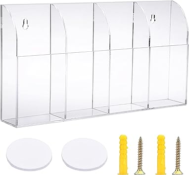 Hipiwe Wall Mount Remote Control Holder Clear Acrylic Media Organizer Remote Control Caddy Wall Pencil Holder Storage Box for Remote Control, Pens, Makeup, Key (4 Compartments)