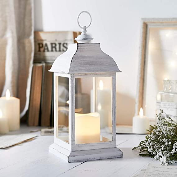 Lights4fun, Inc. 12" Rustic White Battery Operated Indoor LED Flameless Candle Lantern
