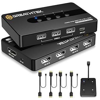 HDMI KVM Switch 4 Computers 1 Monitor,4 Port Kvm Switches Support UHD4K@30HZ with 3 USB2.0 Port to Share Keyboard Mouse Printer,4 in 1 Out Monitor Switch with Remote Control& Button Switch, Simulatio