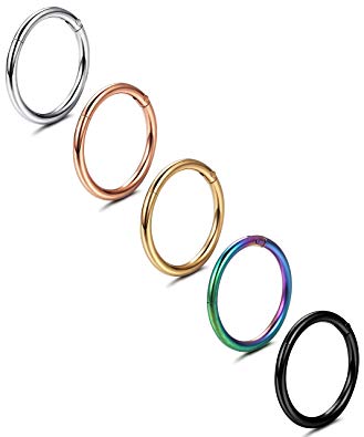Jstyle 5 Pcs a Set 316L Stainless Steel Septum Piercing Nose Hoop Clicker Ring Hypoallergenic 16G