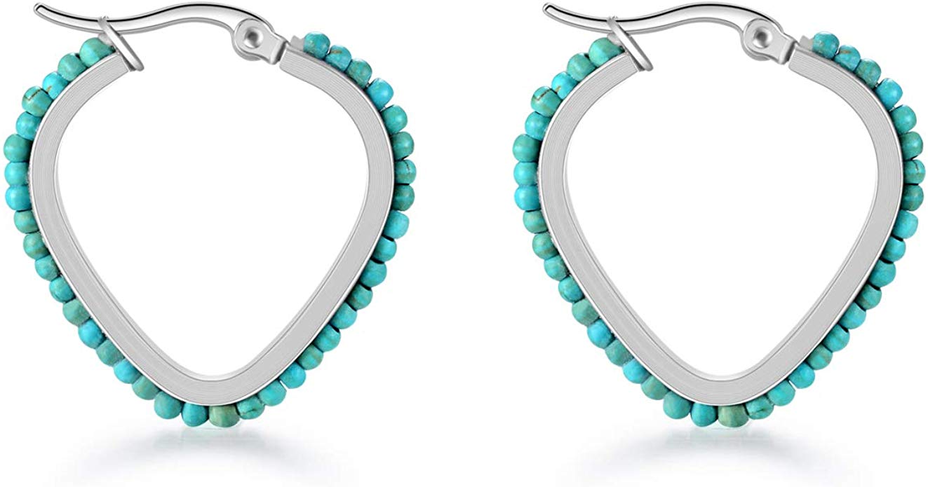 Flechazo Stainless Bohemian Round Hoop Earrings- Stainless Steel Pink Nature Crystal Stone Turquoise Beads -18K Gold Plated for Women Girls Hypoallergenic