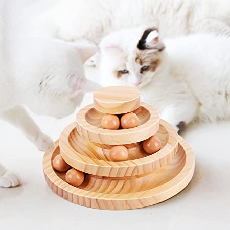 Cat Supplies Funny Roller Wooden Cat Toy-Three Layer Wooden Track Balls Turntable for Kitty Cat Gifts for Your Cats