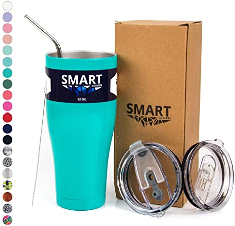 Smart Cooler 32 Oz. Sweat Free Ultra-Tough Double Wall Stainless Steel Tumbler Cup with Leak-proof Heavy Duty Tumbler Lids (Slide Lid & Flip Lid), Straw, Cleaning Brush - Teal