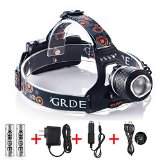 Rechargeable LED Headlamp 2000Lm Zoomable 3 Modes Handsfree Headlight Waterproof Outdoor Flashlight Torch with 18650 batteries and Car Charger and AC Charger for Camping Hunting Hiking Readingblack