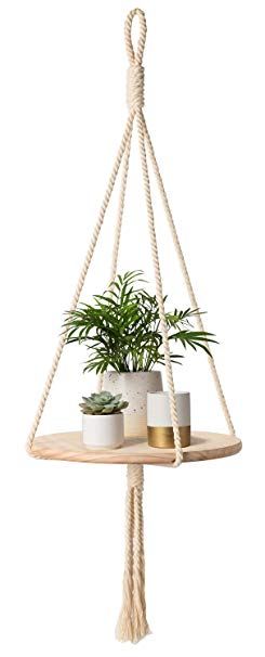 Mkono Wood Hanging Shelf Indoor Macrame Plant Hanger Decorative Flower Pot Holder Boho Home Decor