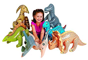 Fun Express Jumbo Inflatable Dinosaurs, Pack of 6 Assorted, Party Favors, Birthday Decorations, Pool Toy, with Bonus Tear Aid Vinyl Patch Kit