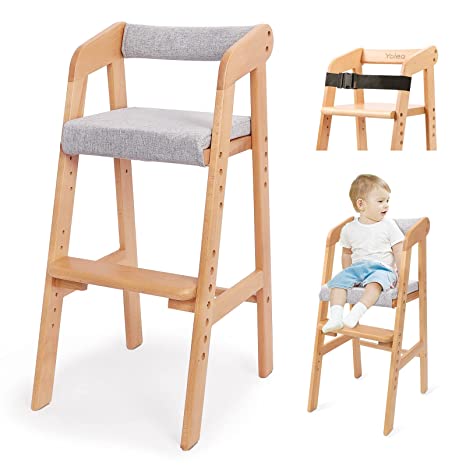 Wooden High Chair for Toddlers, Adjustable Dining Feeding Chair with Removable Cushion for 1-12 Years Child, High Chair Grows with Kid with Steps for Kids Dining, Studying, Step Tool(Natural Color)