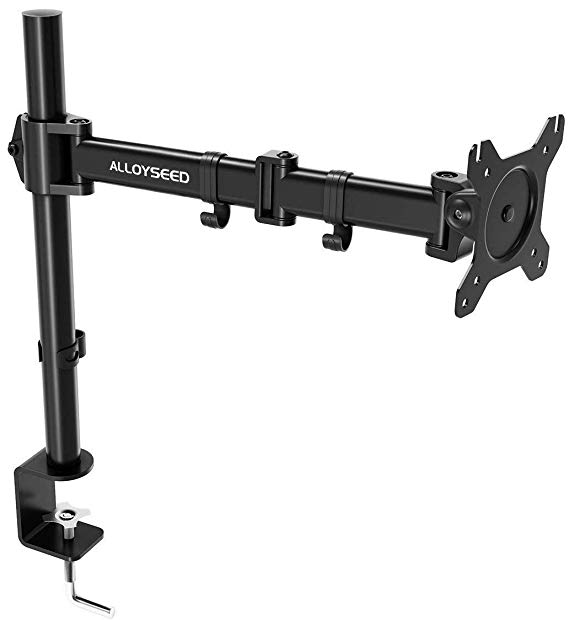 Single LCD Monitor Desk Mount, Alloyseed Fully Adjustable Stand with Integrated Cable Management, Detachable VESA Plate Fits One Screen up to 27”, 22 lbs, Sturdy C Clamp Base