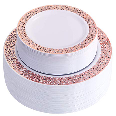 WDF102 pcs Rose Gold Plates-Lace Design Disposable Plastic Plates-Wedding Party Plastic Plates include 51 Plastic Dinner Plates 10.25inch,51 Salad/Dessert Plates 7.5inch (Rose Gold Plates)