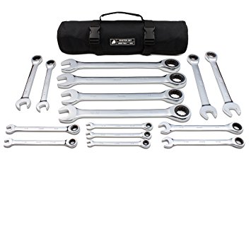 15pc TIGHTSPOT Ratcheting Wrenches MASTER SET - SAE/Inch With BEAR KEEPER Rollup Case - Our standard in safety for combination wrench sets from gear to tip