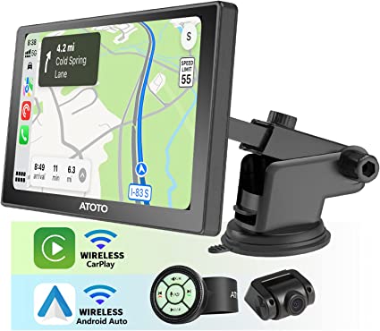 ATOTO P8 7 inch Touchscreen Portable Car Stereo, Wireless Carplay & Wireless Android Auto, with HD 1080P Front Dash Cam, WDR & Auto Dimmer, Remote Control, Support up to 128G SD, P807SD-FC