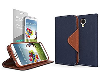 Navy Blue / Brown Samsung Galaxy S4 Wallet Case; Best Design with Coolest Premium [PU/Faux Leather] with Stand Feature and Magnetic Flap Closure; Functional Fashion Slim Wallet Case Cover for Galaxy S4 (Release Date); Supports Samsung S4 Devices From Verizon, AT&T, Sprint, and T-Mobile