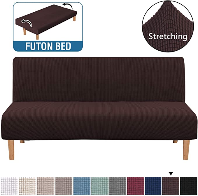 Armless Futon Cover Stretch Sofa Bed Slipcover Protector Elastic Feature Rich Textured Lycra High Spandex Small Checks Jacquard Fabric Sofa Shield Futon Cover, Machine Washable, Chocolate