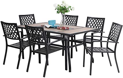 Sophia & William Patio Dining Set 7 Pieces Metal Outdoor Furniture Set, 6 x Metal Stackable Garden Chairs, 1 Patio Rectangle Umbrella Table Wood Like for Backyard Pool