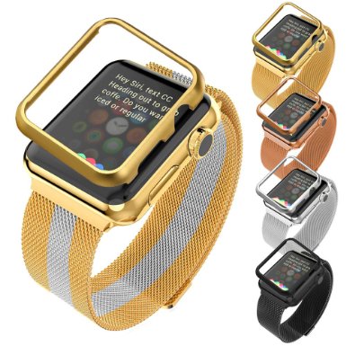 Apple Watch Band with Protective Case(42MM), Bandmax 18K Gold Plated Apple Watch Accessories Stainless Steel Mesh Strap Watch/Watch Sport/Watch Edition with Magnet Lock