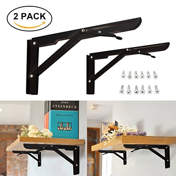 KINGSO 2 Pack 11" Folding Steel Shelf Brackets, Table Folding Shelf Bench Table Folding Bracket Heavy Duty Folding With Mounting Screws Short Release Arm Bench, Max Load: 300lb