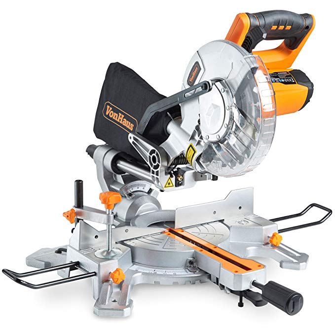 VonHaus 1500W 8” (210mm) Sliding Mitre Saw – Sliding Side Support Bars for Wide Work Pieces – Powerful Performance with  45°/-45° Mitre Cuts – Easily Cuts Through Woods & Plastics with Laser Guide