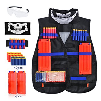 Tactical Vest, LOYO Tactical Vest Jacket Kit for Nerf Gun N-Strike Elite Series with 40Pcs Darts Bullets, 2Pcs 12-Dart Quick Reload Clips, 1Pcs 8-Dart Wrist Band, Seamless Face Mask & Goggle