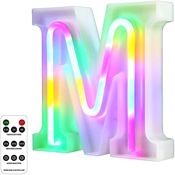 WARMTHOU Newly Upgrade LED Neon Letter Lights Marquee Alphabet Light Up Letters with Remote Control，USB/Battery Powered Light Up Letters for Home Decoration Colourful (RC-M)