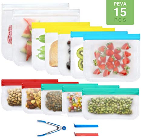 12 Packs Reusable Storage Bags - 2 Reusable Gallon Bags, 5 Reusable Sandwich Bags and 5 Reusable Snack Bags, FDA Grade Extra Thick Leakproof Ziplock Bags for Vegetable, Fruit, Snack, Lunch Storage.