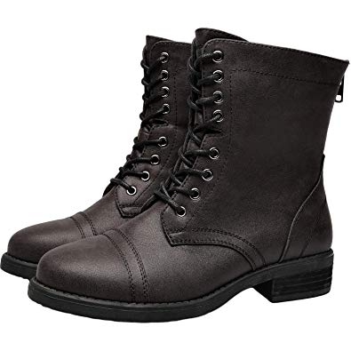 Aukusor Women's Wide Width Martin Boots - Low Chunky Heel Casual Side Zipper Lace up Combat Boots.