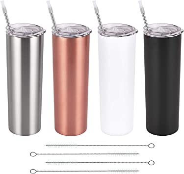 Stainless Steel Skinny Tumbler Set, Insulated Travel Tumbler with Closed Lid Straw, Skinny Insulated Tumbler, 20 Oz Slim Water Tumbler Cup for Coffee Water Hot Cold Drinks, Set of 4