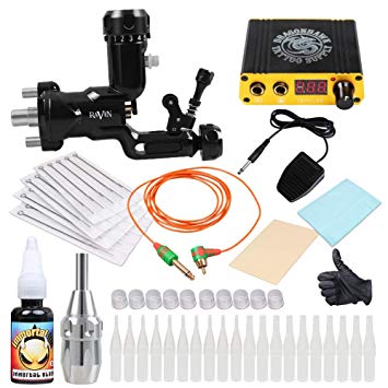 Dragonhawk Complete Raven Rotary Tattoo Machine Kit 30ML Immortal Tattoo Ink Power Supply Tattoo Needles Grip