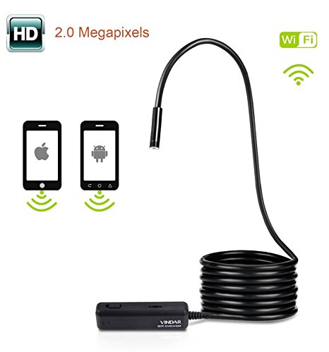 Wireless Endoscope, Vindar 5Meter WiFi Borescope HD Snake Camera 2.0 Megapixel Inspection Tube Camera with 6 Led Lights for IOS iPhone iPad Mac Android Samsung Tablet Windows