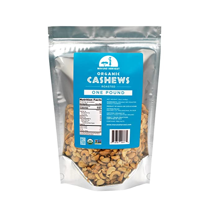 Mavuno Harvest Organic Direct Trade Premium Whole Cashews, Dry Roasted Cashews, 16 Ounce (Pack of 1)
