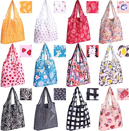 12 Packs Reusable Shopping Bags Foldable Grocery Totes Reusable Grocery Bags Waterproof Shopper Bags with Pouch Washable Tote Bags for Groceries Kitchen Grocery Tote Bags for Fruit Vegetables Clothing