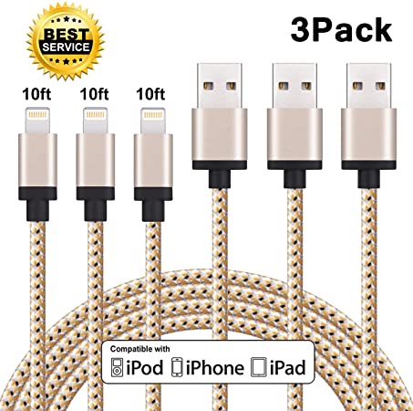 iPhone Charger, 3Pack 10FT Sundix iPhone Charger Cable iPhone Charging Cable Cord Compatible iPhone Xs MAX XR X 8 8 Plus, iPhone 7 7 Plus 6 6s 6 Plus 6s Plus, iPhone SE 5 iPad, iPod and More(Golden)