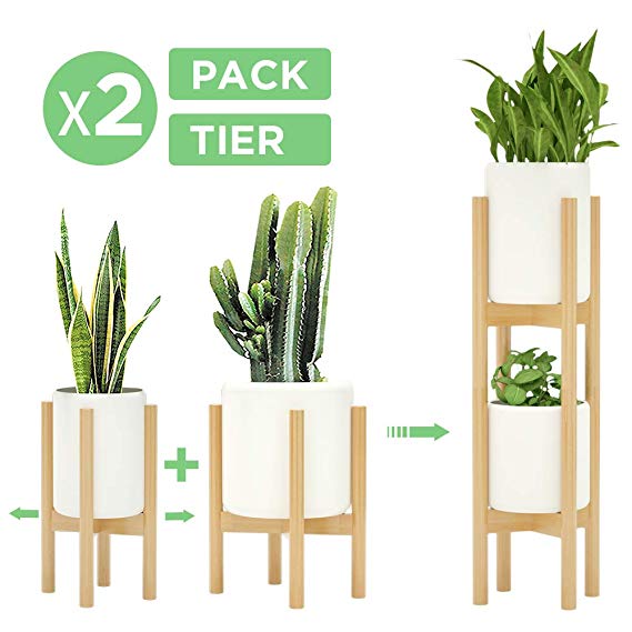 2 Pack Indoor Plant Stands, 2 Tier Tall (30 inches) Mid Century Modern Bamboo Wood Plant Stand, Adjustable Width 8 to 12 inches, Fits Pot Size of 8 9 10 11 12 inches (Pot & Plant Not Include), Natural