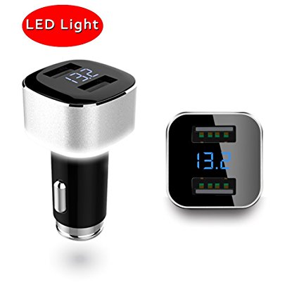Fast Car Charger, LED Display Voltmeter and Current with LED Light for iPhone 7 6S Plus 6 Plus 6 5SE 5 5C Samsung Galaxy S7 S6 S5 Edge Note 5 4 Tab S LG G5,HTC iPads Pro Gray