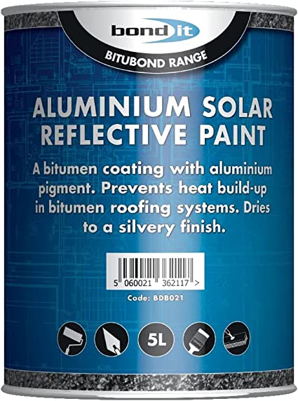 Bond-It Aluminium Solar Reflective Paint - 5 litre a light / heat reflective coating, use ofver bituminous coatings, aged asphalt or steel