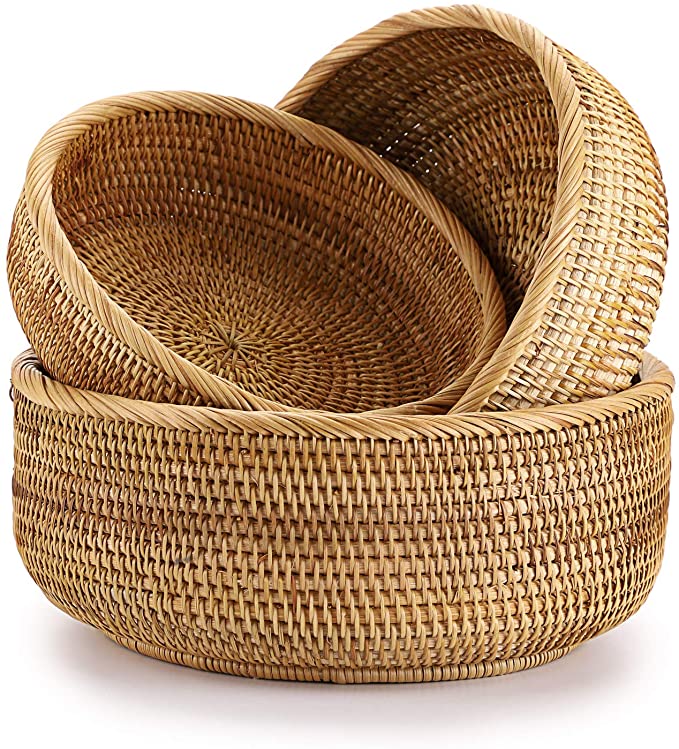 Hipiwe Rattan Fruit Basket Bowls Handmade Bread Storage Basket Snack Serving Bowl Round Fruit Holder Wicker Food Organizer Tray for Dinning Room (Set of 3) (Round Style)