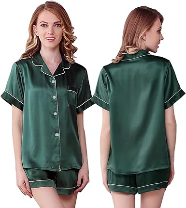 NANJUN Women's Silky Satin Pajamas Sleepwear Short and Long Button-Down Pj Set