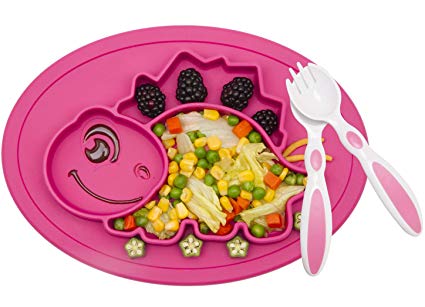 Baby Silicone Placemat, Non-Slip Feeding Suction Plate for Toddlers Babies Kids Fits Most Highchair Trays BPA-Free FDA Approved, Dishwasher and Microwave Safe with Spoon and Fork (Red)