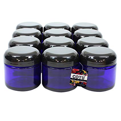 12 x 2oz New & Empty DIY Cobalt Blue Glass Jars with Black Dome Liner Lids by COTU (R) ( Suitable for Storing Salve, Cream, Diy Beauty, Essential Oils, Lotion, Apothecary, Body Butter & Sugar Scrub)