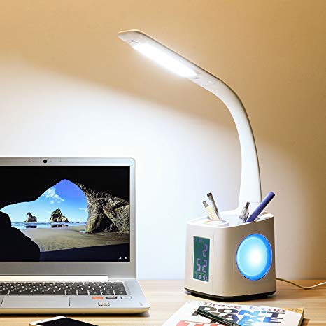 CO-Z Desk Lamp with USB Charging Port for Kids Students, LED Eye-care Desk Lamp with Digital Clock and Temperature, Computer Task Light with 3 Brightness Levels, Office Table Lamp with Pencil Holder