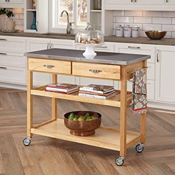 Home Styles Natural Designer Utility Kitchen Cart with Stainless Steel Top, Two Utility Drawers, Adjustable Shelf and Industrial Casters, Optional Wine Storage